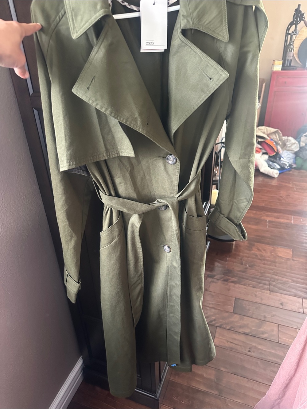 ASOS Olive Trench Coat with Belted Waist - Picture 3 of 9